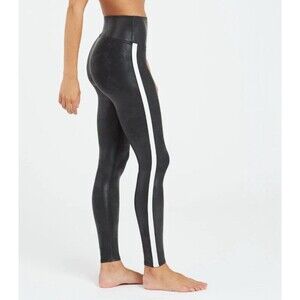 Spanx Womens Black Faux Leather White Stripe Leggings  Size Medium
